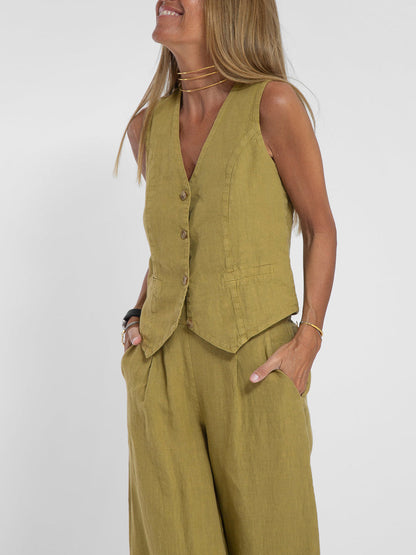 Rosea set van gilet met knopen en broek met wijde pijpen