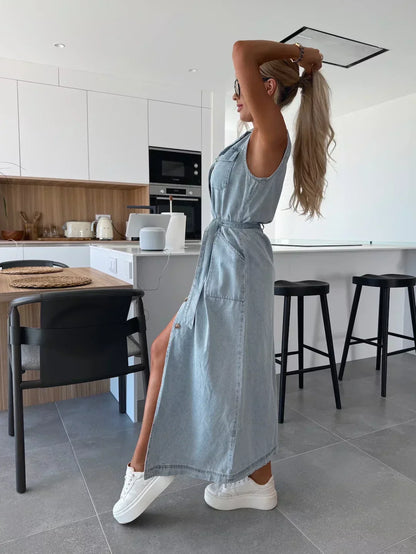 Hanna | Mouwloze lange spijkerjurk
