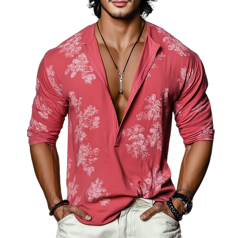 Herren Langarm-T-Shirt mit Blumenmuster und Henley-Kragen