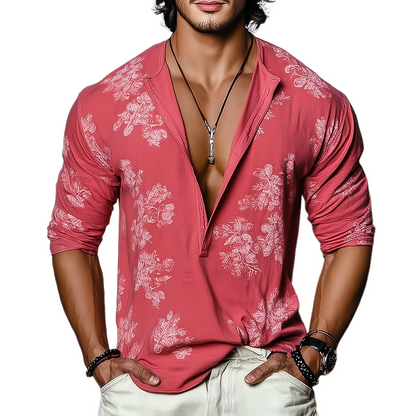 Herren Langarm-T-Shirt mit Blumenmuster und Henley-Kragen