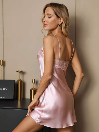 Robes de Glissement de Cou de Dentelle Sexy en Soie Pure