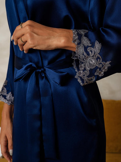 Soie Dentelle Poignets Peignoir Envelopper Kimono Ceinturé Avec 3/4 Manches