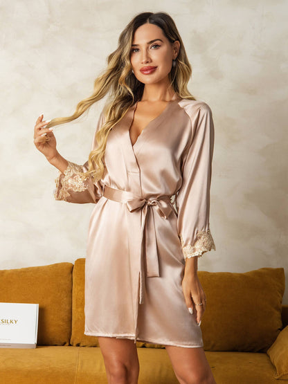 Soie Dentelle Poignets Peignoir Envelopper Kimono Ceinturé Avec 3/4 Manches