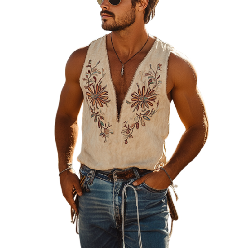 Heren Klassieke Western Cowboy Stijl Dunne Suede Tanktop met Borduurwerk en Diepe V-hals voor Lente en Zomer 00494118K