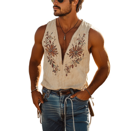 Heren Klassieke Western Cowboy Stijl Dunne Suede Tanktop met Borduurwerk en Diepe V-hals voor Lente en Zomer 00494118K