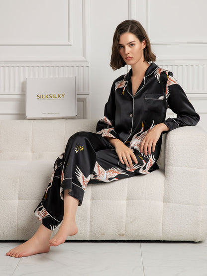 19Momme Ensemble Pyjama Complet à Imprimé Grue en Soie 100% Murier pour Femme
