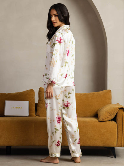 2-teiliges Damen-Pyjama-Set aus reiner Seide mit Paspelierung