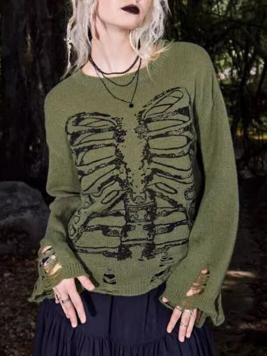 Halloween Skelet Donkere Stijl Gescheurde Trui met Lange Mouwen