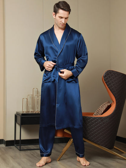 Peignoir Ceinturée Contrastante En Pure Soie (Sans Pantalon)