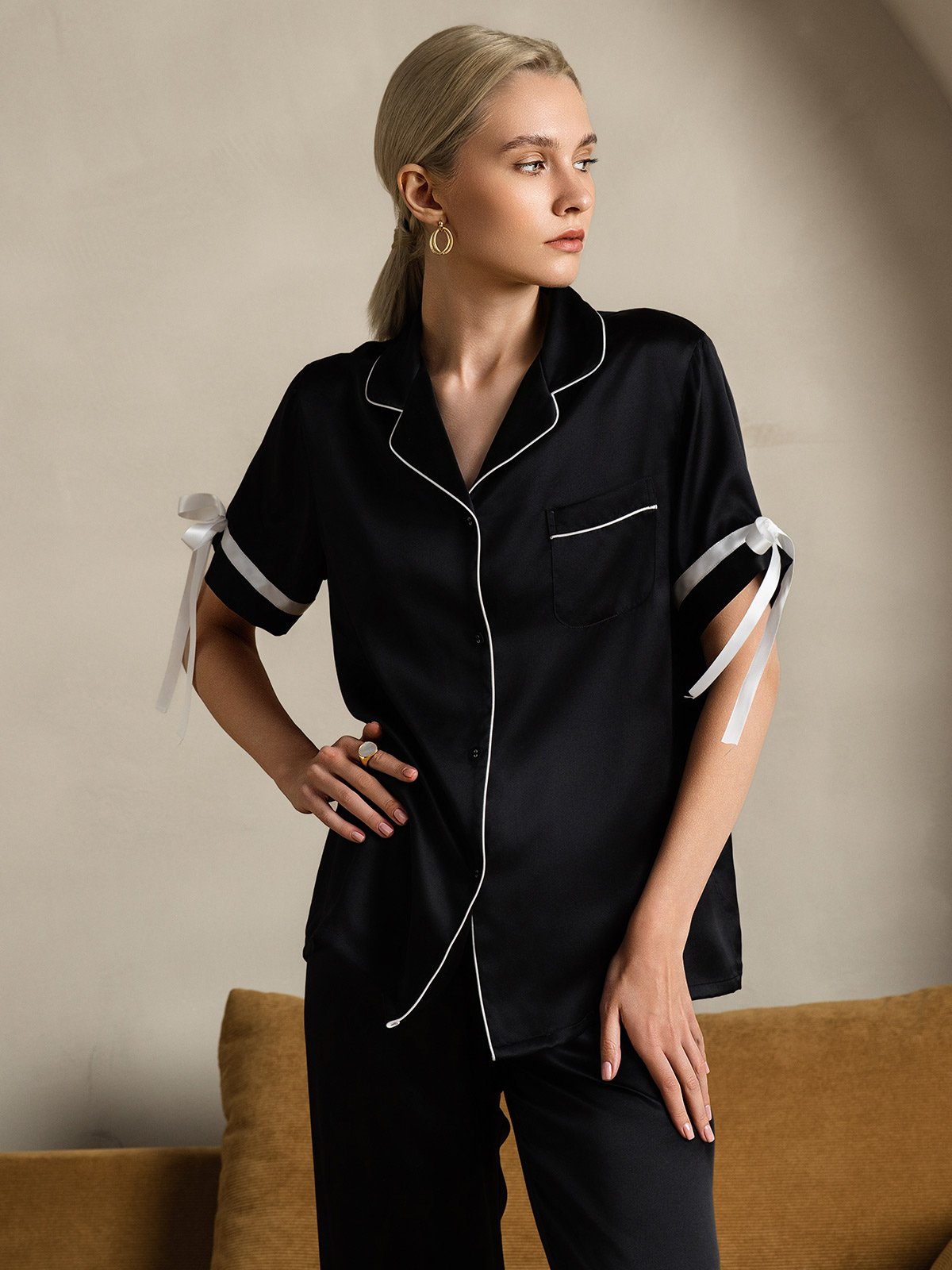 Pure Soie Courtes Manches Pantalon Pyjama Set