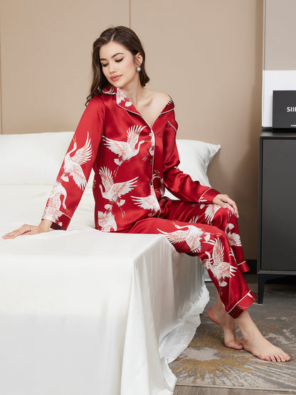 19Momme Ensemble Pyjama Long en Soie avec Imprimé Crane pour Femme