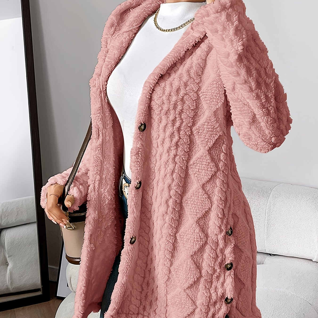 Paula™ - Flauschige Kapuzenstrickjacke mit Diamantmuster