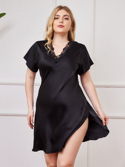 Nuisette en Soie Pure avec Col en Dentelle et Fente au Bas - Taille Plus