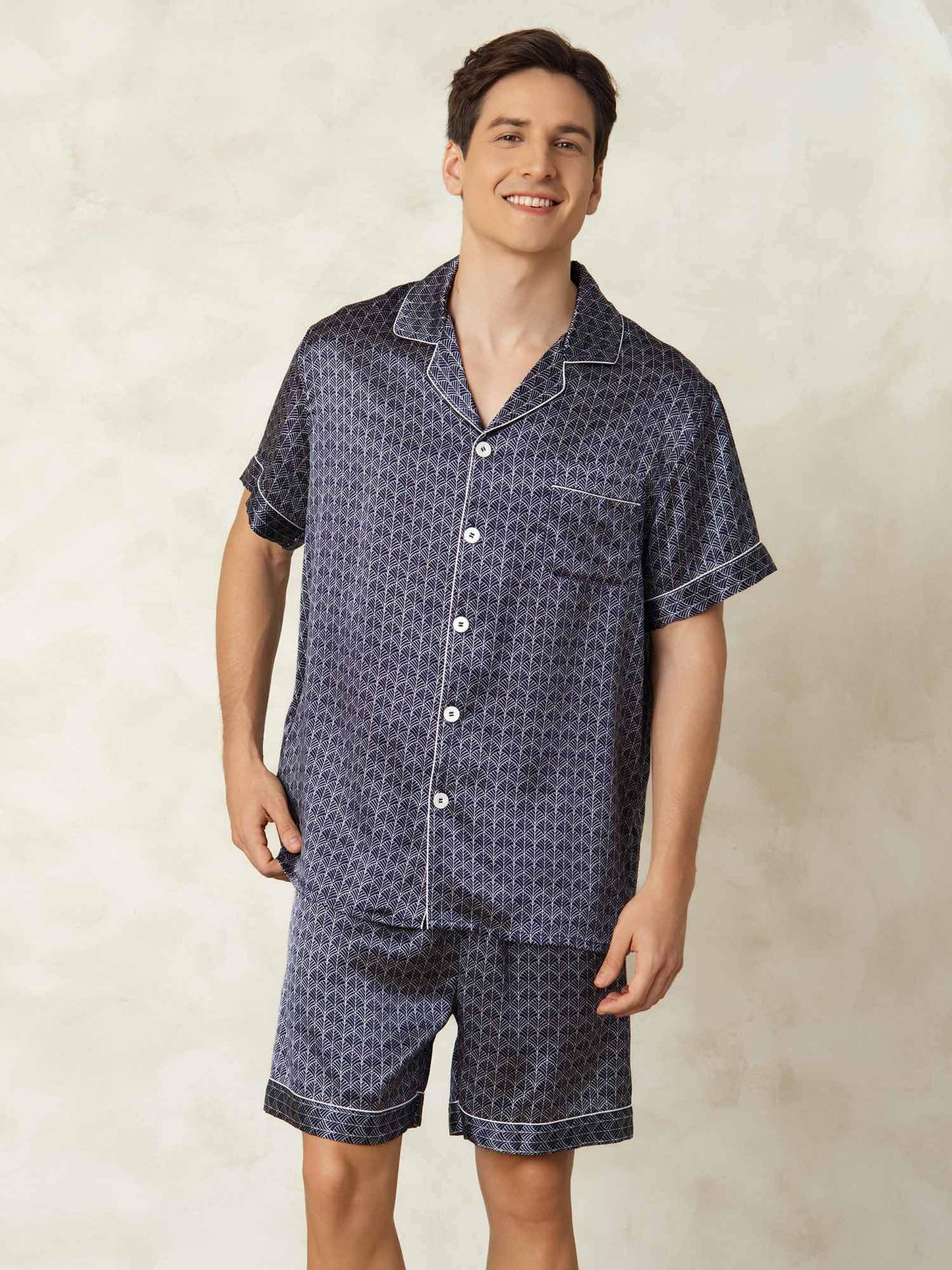 Homme Pyjamas Pure Soie Géométrique Court 2 Pièces