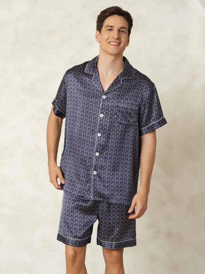 Homme Pyjamas Pure Soie Géométrique Court 2 Pièces