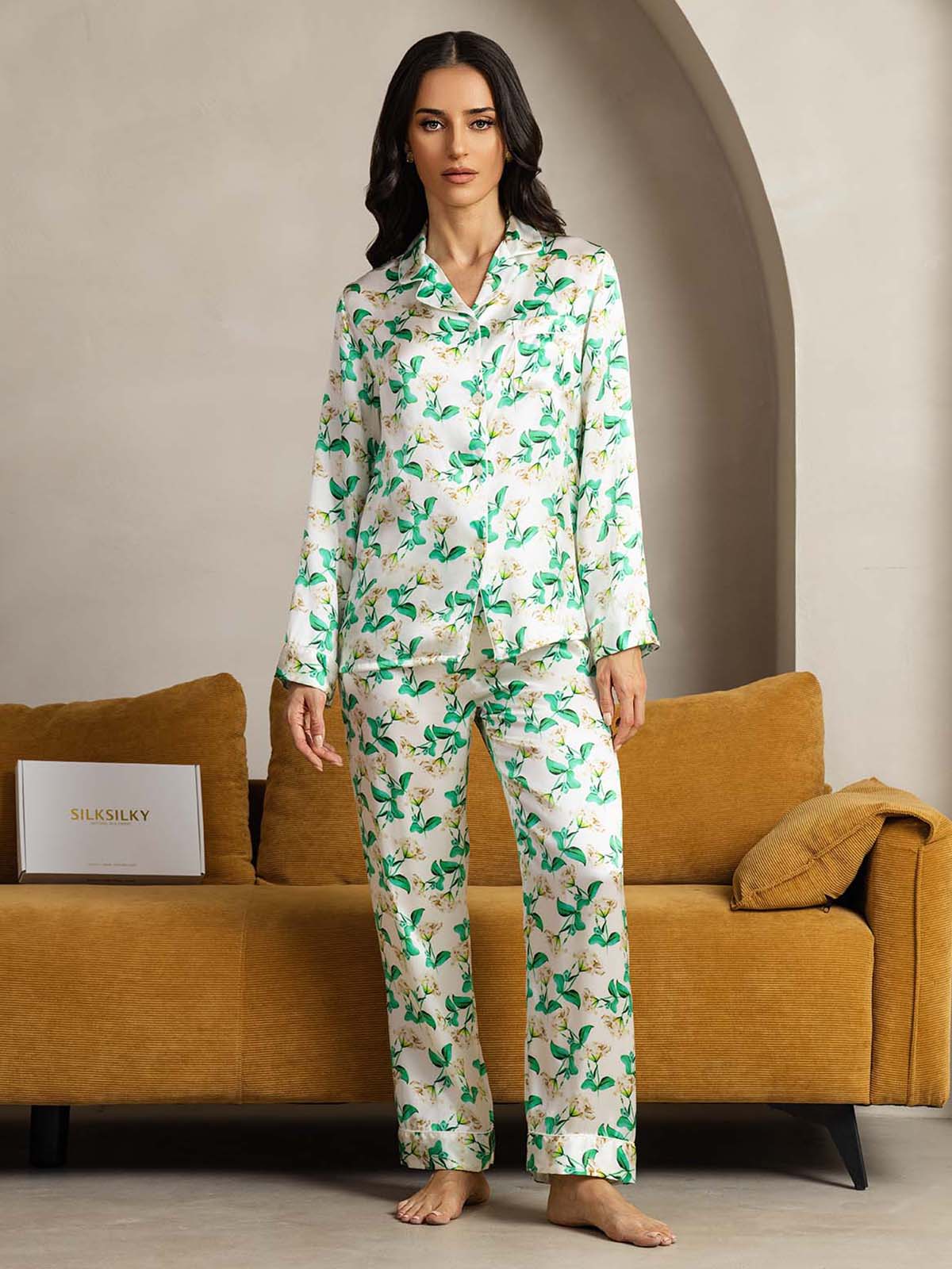2-teiliges Damen-Pyjama-Set aus reiner Seide mit Paspelierung
