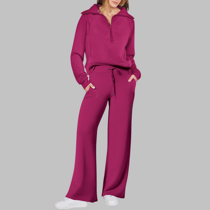 Fleur - Comfortabele halve ritssluiting sweatshirt en wijde broek set