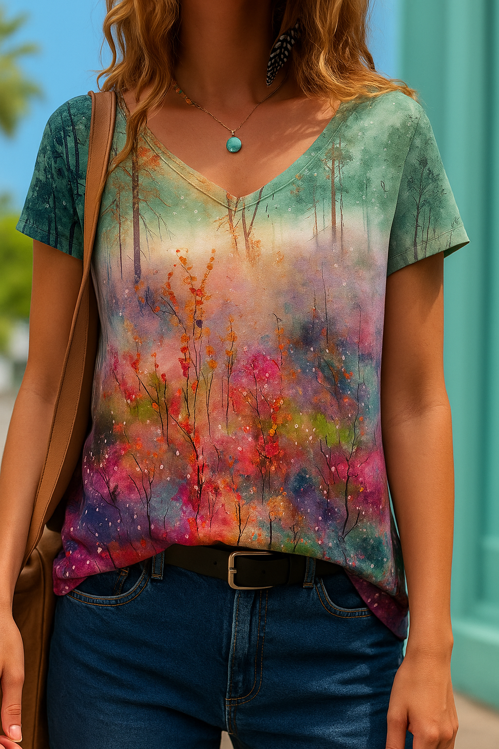 Barneys New York | Florale Kunstreproduktion V-Ausschnitt T-Shirt