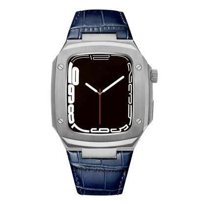 Luxuriöses Metallgehäuse mit Lederarmband für Apple Watch Serie 40/41/44/45 mm