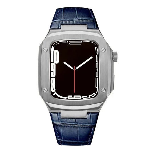 Luxuriöses Metallgehäuse mit Lederarmband für Apple Watch Serie 40/41/44/45 mm