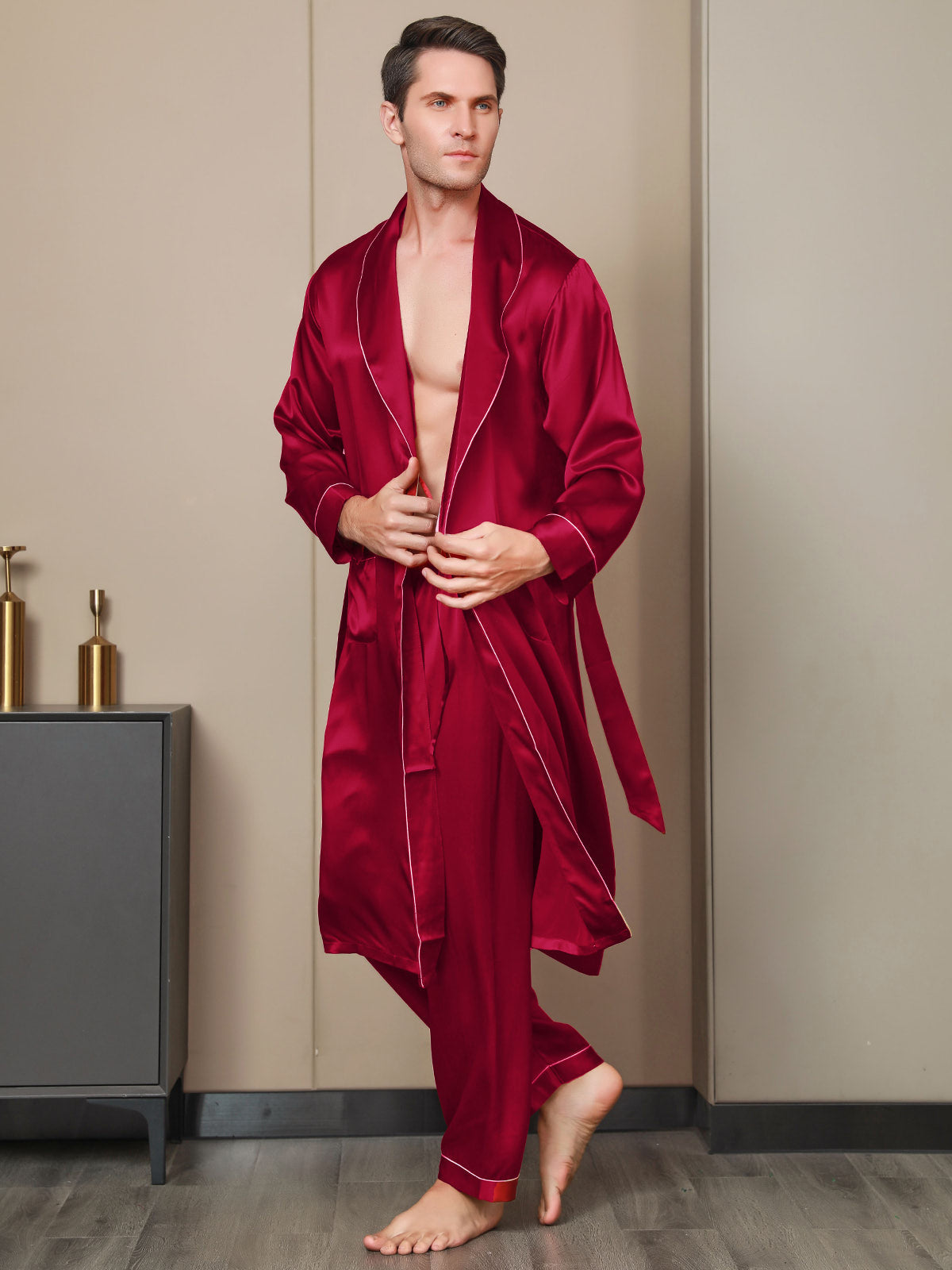 Peignoir Ceinturée à Col Revers En Pure Soie (Sans Pantalon)