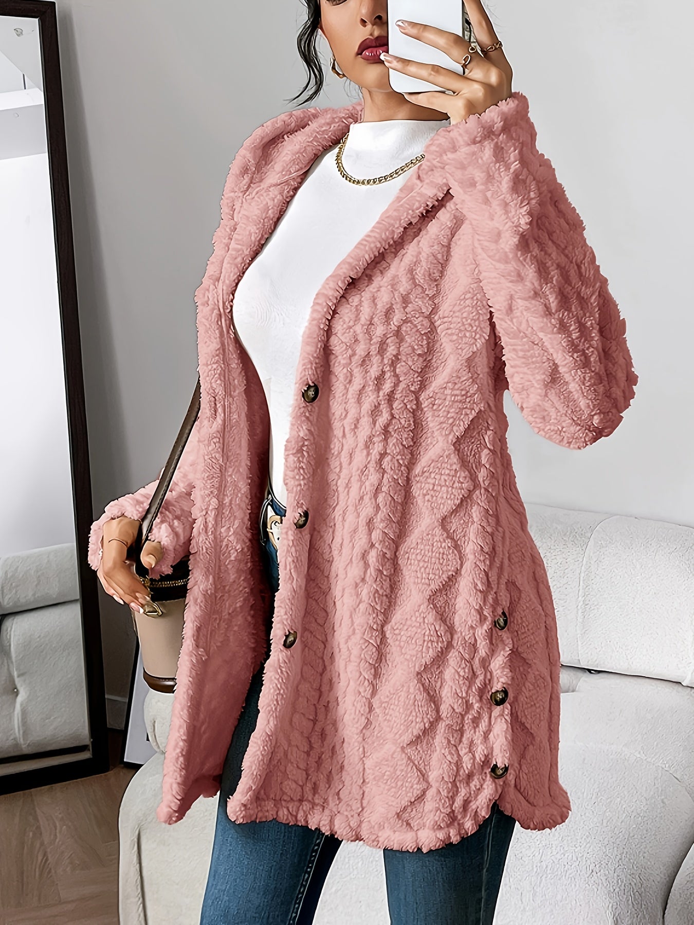 Paula™ - Flauschige Kapuzenstrickjacke mit Diamantmuster