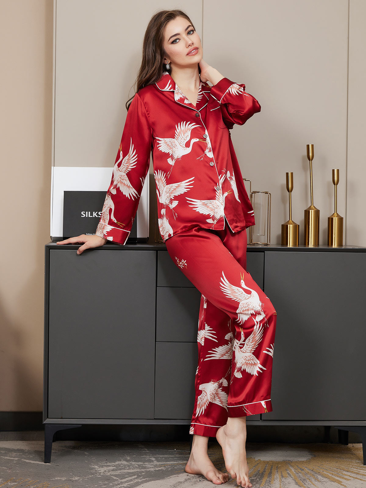 19-Momme Reine Seide – Klassischer Print mit kontrastierendem Paspel, Damen-Pyjama-Set