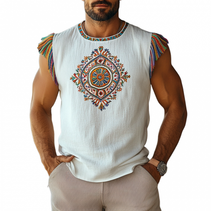 Mannen Boheemse Geborduurde Kwast Katoen Linnen Ronde Hals Slim Fit Tanktop MTA2915E4M