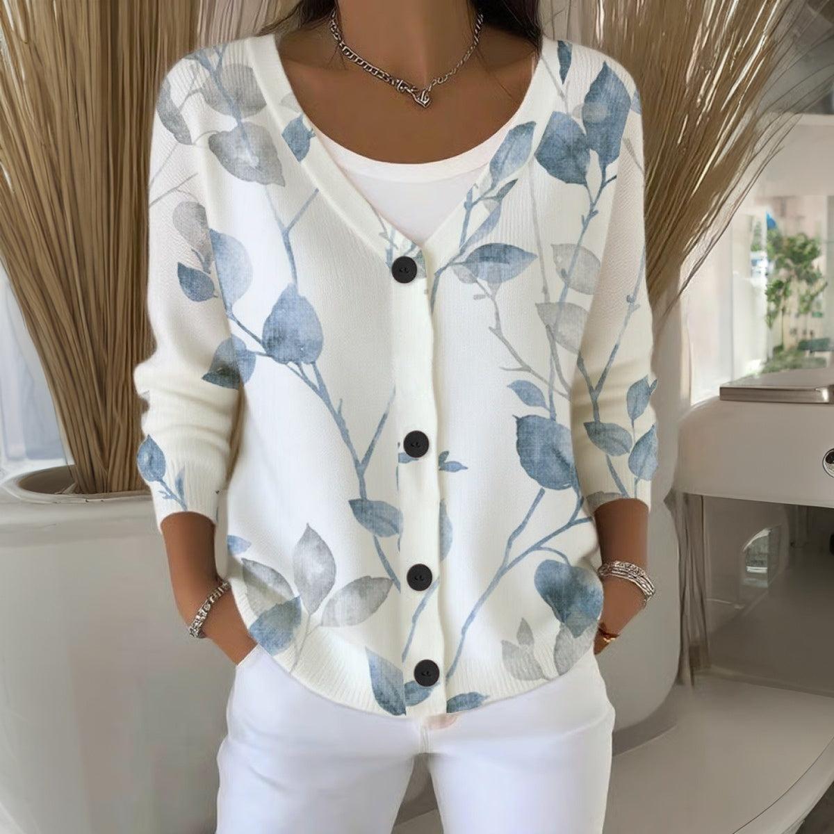 Dreamy V-Ausschnitt Langarm-Pullover mit Pflanzenmuster