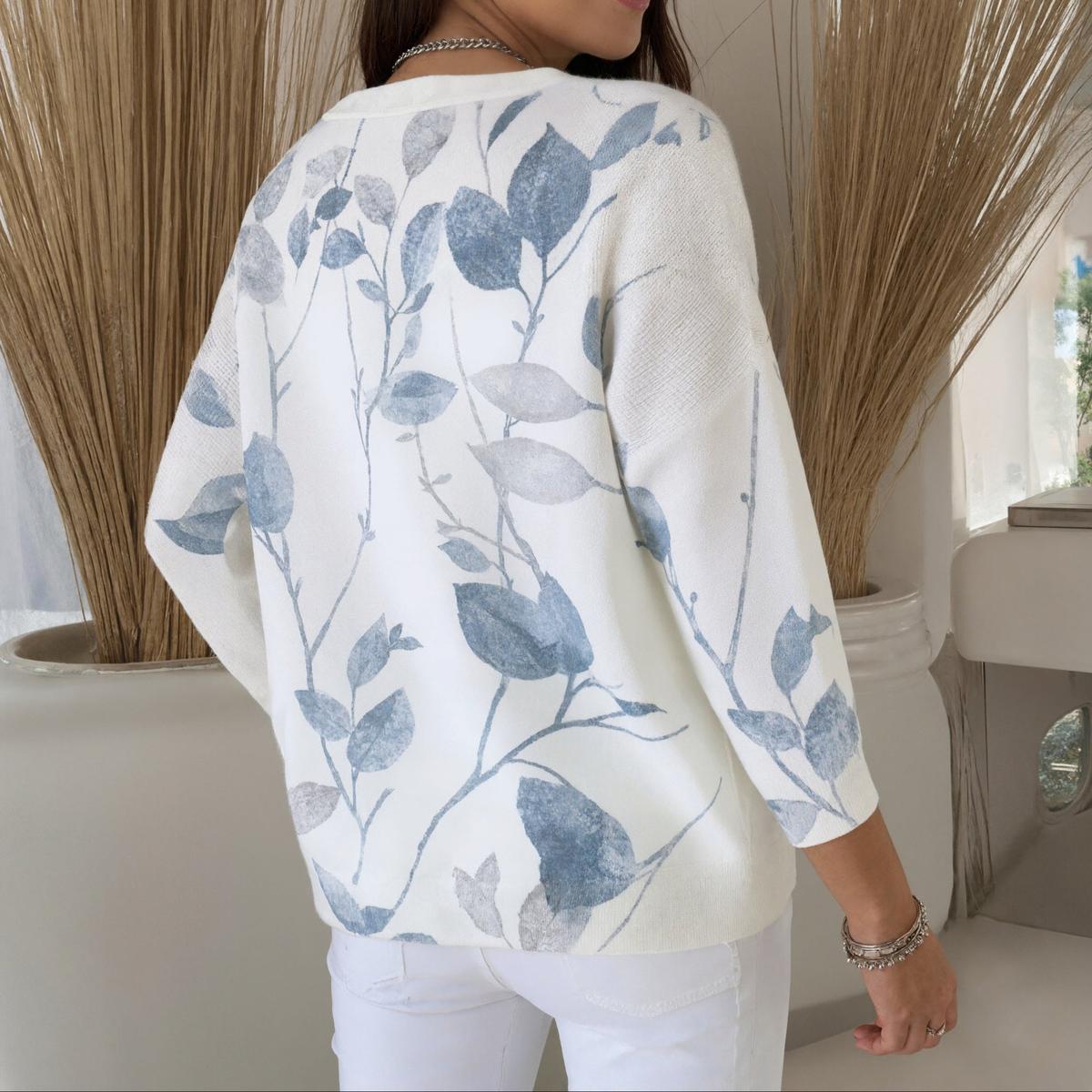 Dreamy V-Ausschnitt Langarm-Pullover mit Pflanzenmuster
