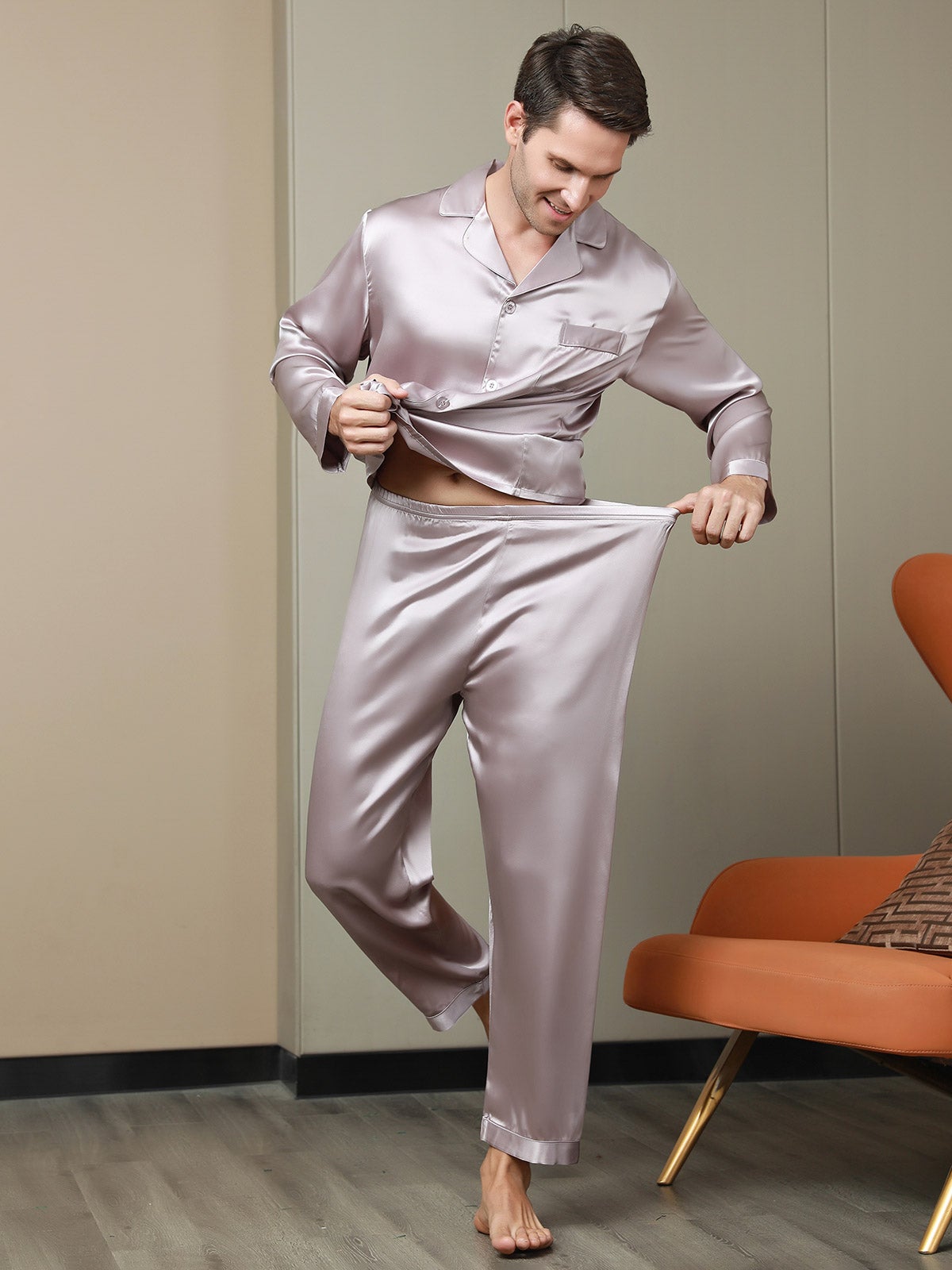Ensemble Pyjama à Manches Longues à Revers pour Homme en Soie