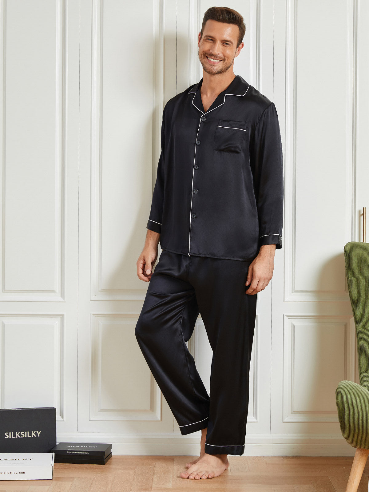 Ensemble Pyjama à Manches Longues à Revers pour Homme en Soie