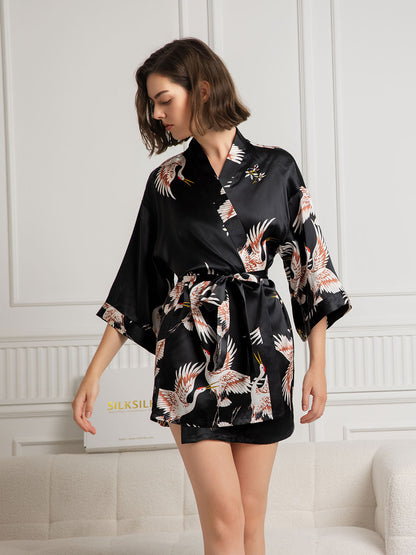 19Momme Kimono Robe Courte Femme en Soie Pure Imprimée à Manches 3/4