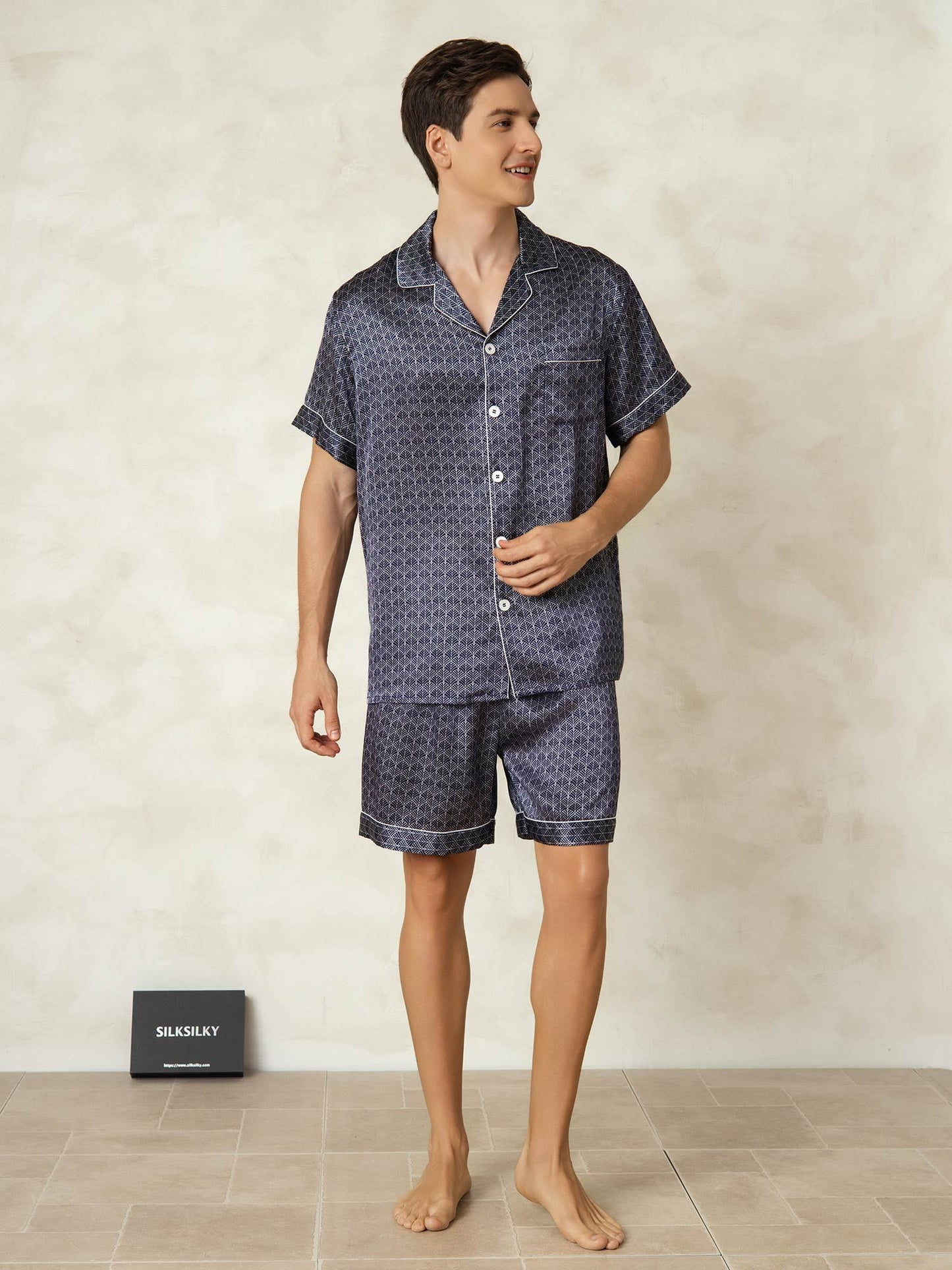 Homme Pyjamas Pure Soie Géométrique Court 2 Pièces