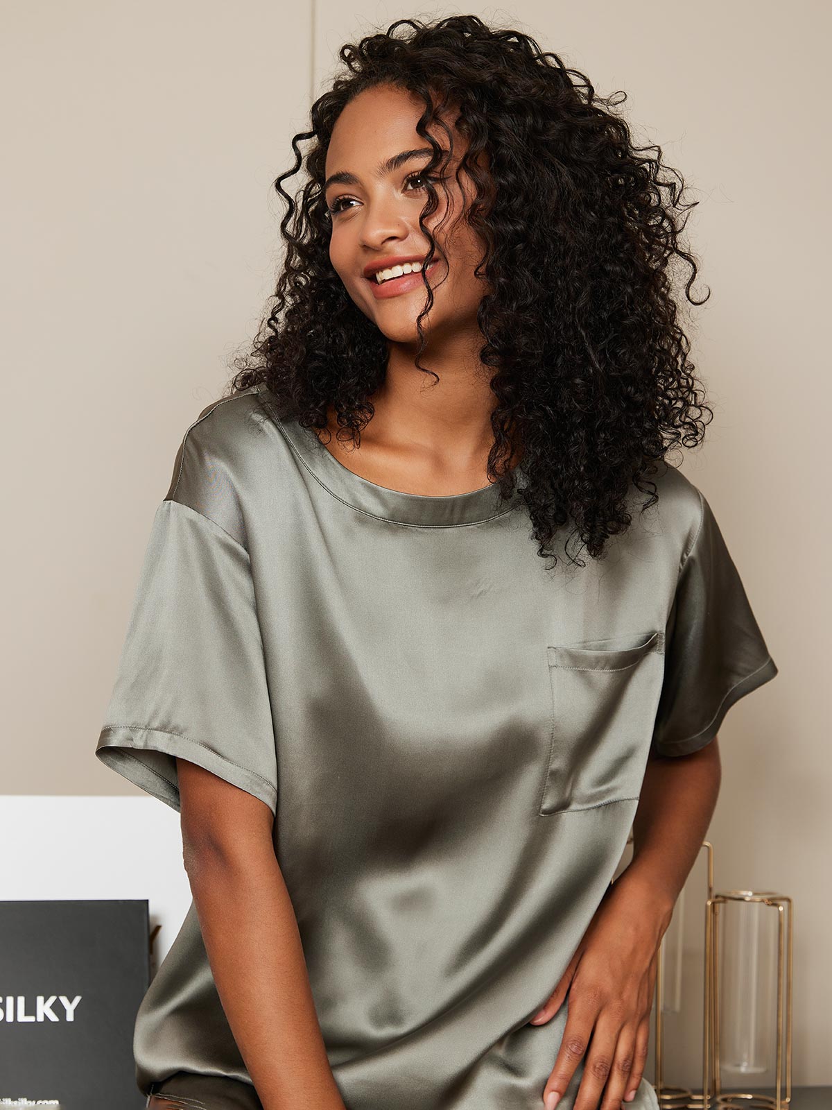 Damespyjamashirt van pure zijde, casual (short niet inbegrepen)