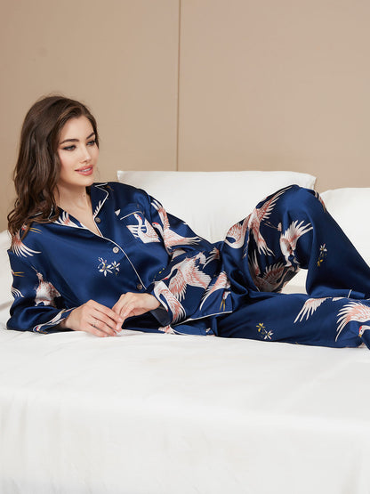 19Momme Ensemble Pyjama Long en Soie avec Imprimé Crane pour Femme