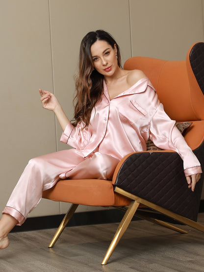 Klassieke Pyjama van Pure Zijde met Biesrand, 2-delig
