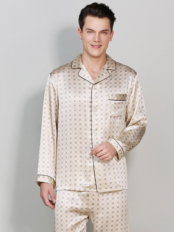 Pyjama en Pure Soie à Revers Imprimé pour Homme