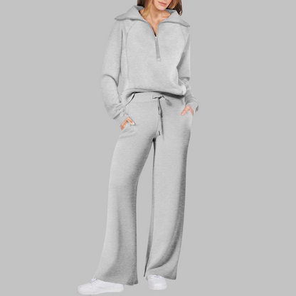 Fleur - Comfortabele halve ritssluiting sweatshirt en wijde broek set