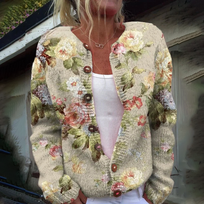 Elegante kraagloze cardigan met lange mouwen en bloemenprint