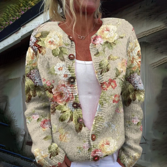Elegante Langarm-Strickjacke ohne Kragen mit Blumenmuster