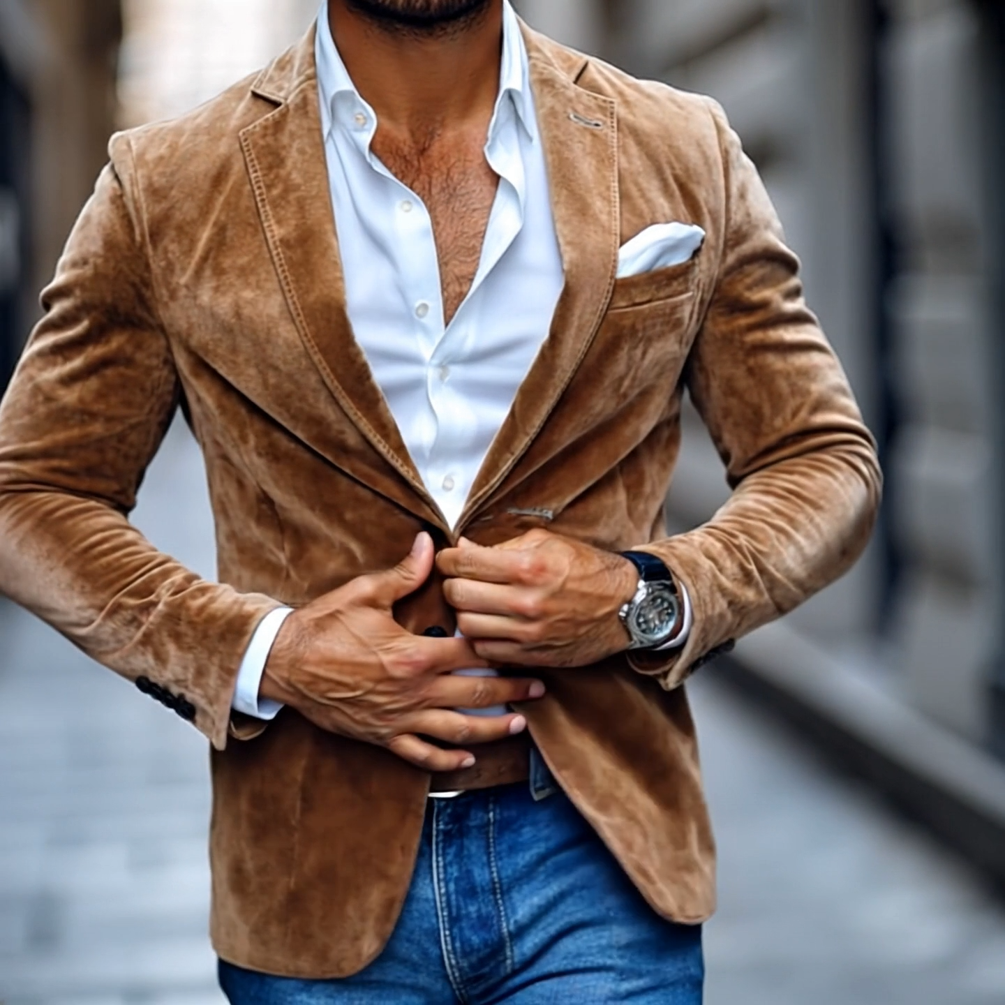 Herrenmode Blazer aus Wildleder mit Einkerbungskragen und Zwei-Knopf-Verschluss – Casual Stil