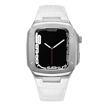 Luxuriöses Metallgehäuse mit Lederarmband für Apple Watch Serie 40/41/44/45 mm