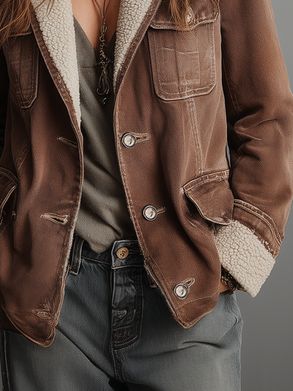 Retro-Denimmantel mit mehreren Taschen und Kunst-Sherpa-Futter