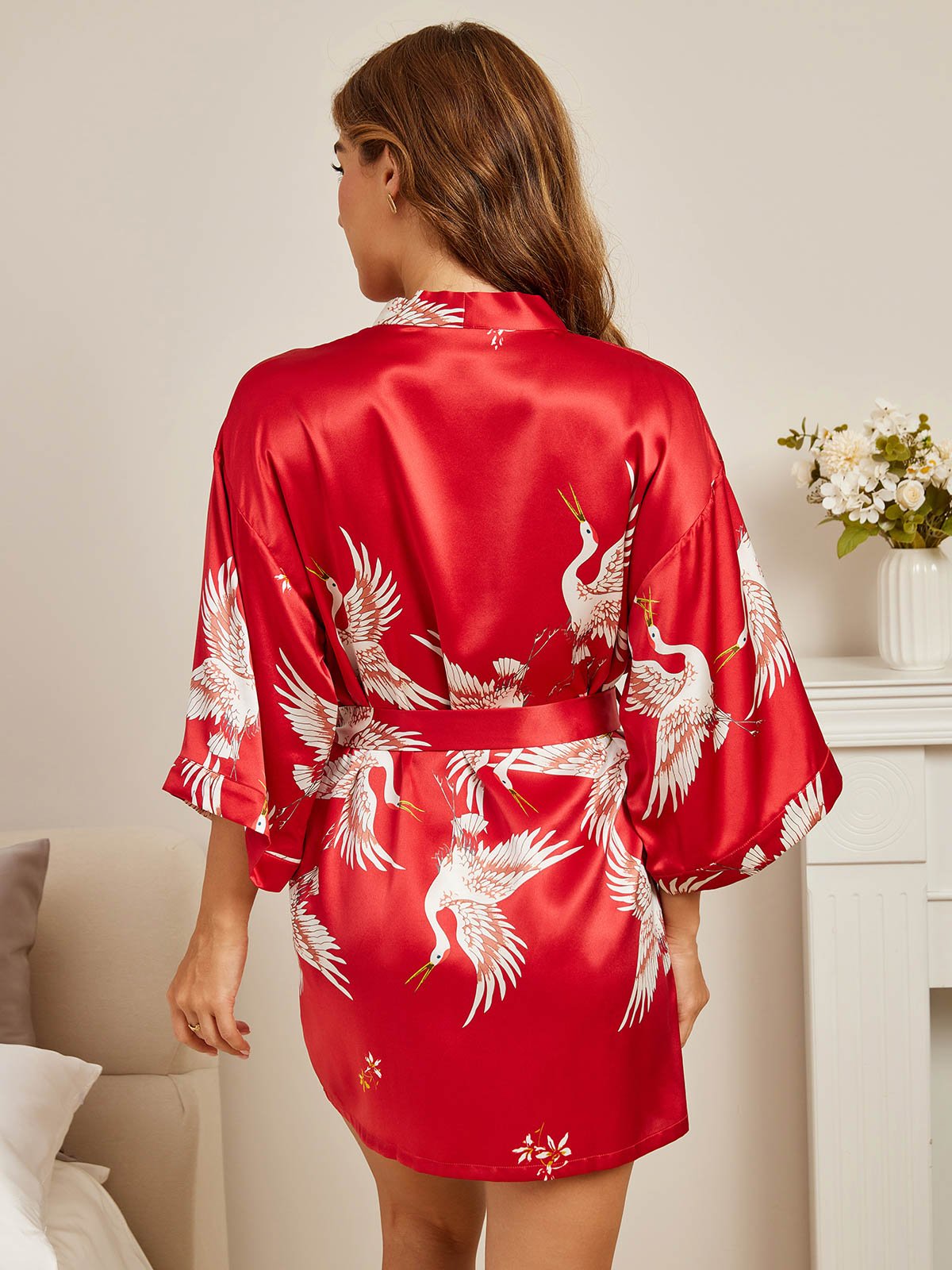19Momme Kimono Peignoir Court en Soie avec Imprimé Crane pour Femme