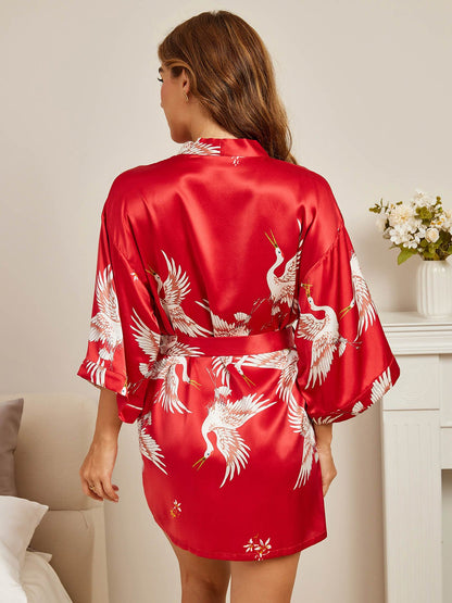 19Momme Kimono Robe Courte Femme en Soie Pure Imprimée à Manches 3/4
