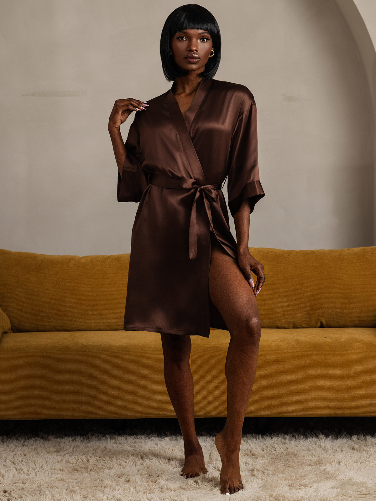 Kimono Peignoir Portefeuille Ceinturée en Pure Soie pour Femme