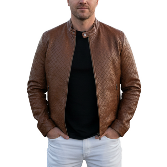 Herren Klassische Retro Stehkragen Karomuster PU-Leder Jacke mit Reißverschluss
