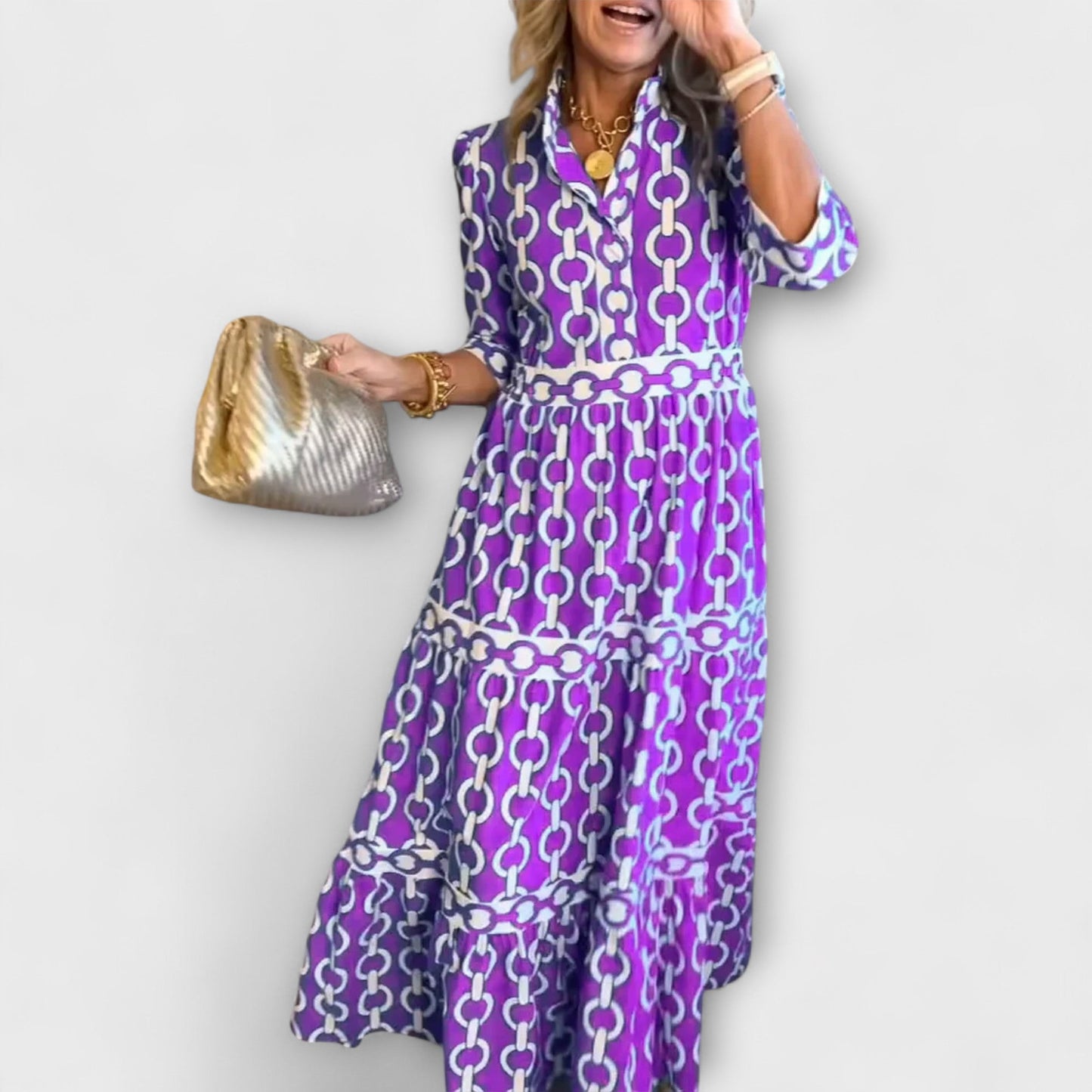 Tiffany™ – Polished Chain-Print Midi Shirt Dress