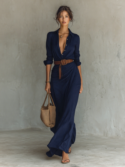 Caliane Maxi Dress™ – Elegantes Maxikleid mit Gürtel- und Kragendesign